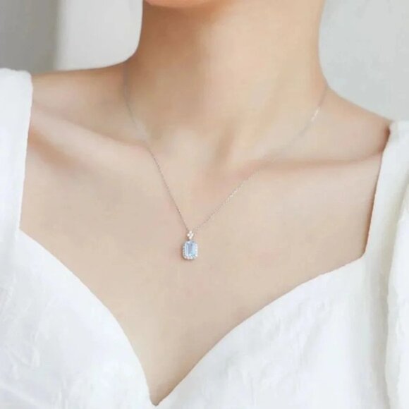 925 Sterling Silver Dainty Aquamarine Diamond Necklace Minimalist Blue Necklace - Picture 2 of 6